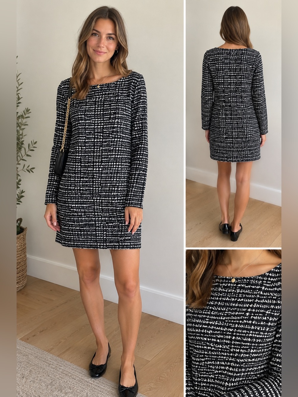 Theory Black and White Patterned Long-Sleeve Shift Dress